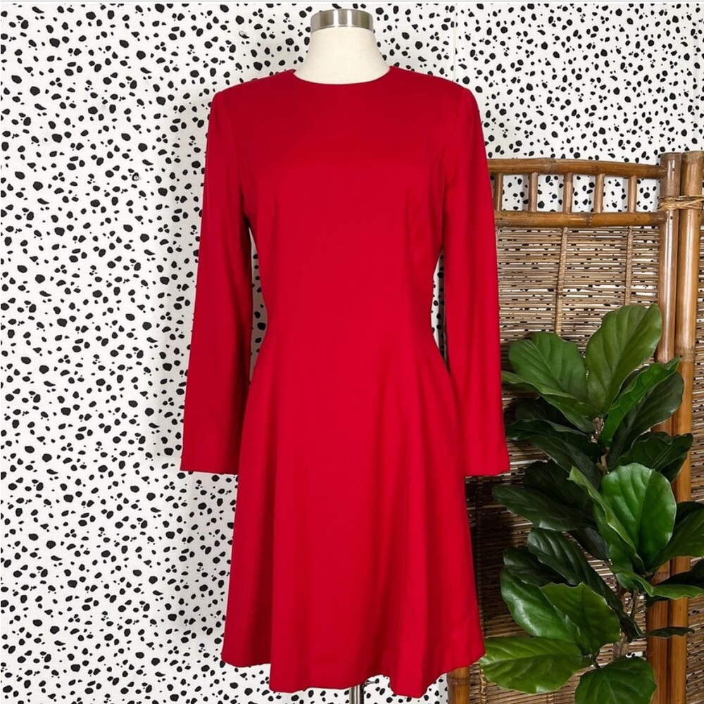 Ralph Lauren | Wool Vintage 70s Solid Red Long Sleeve A-Line Designer Dress 8